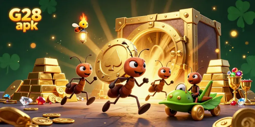 Engage with the vibrant G28 apk scene featuring animated ants and treasure in a captivating heist.