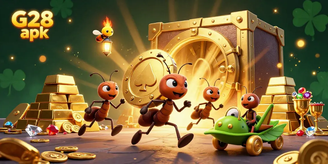 Engage with the vibrant G28 apk scene featuring animated ants and treasure in a captivating heist.