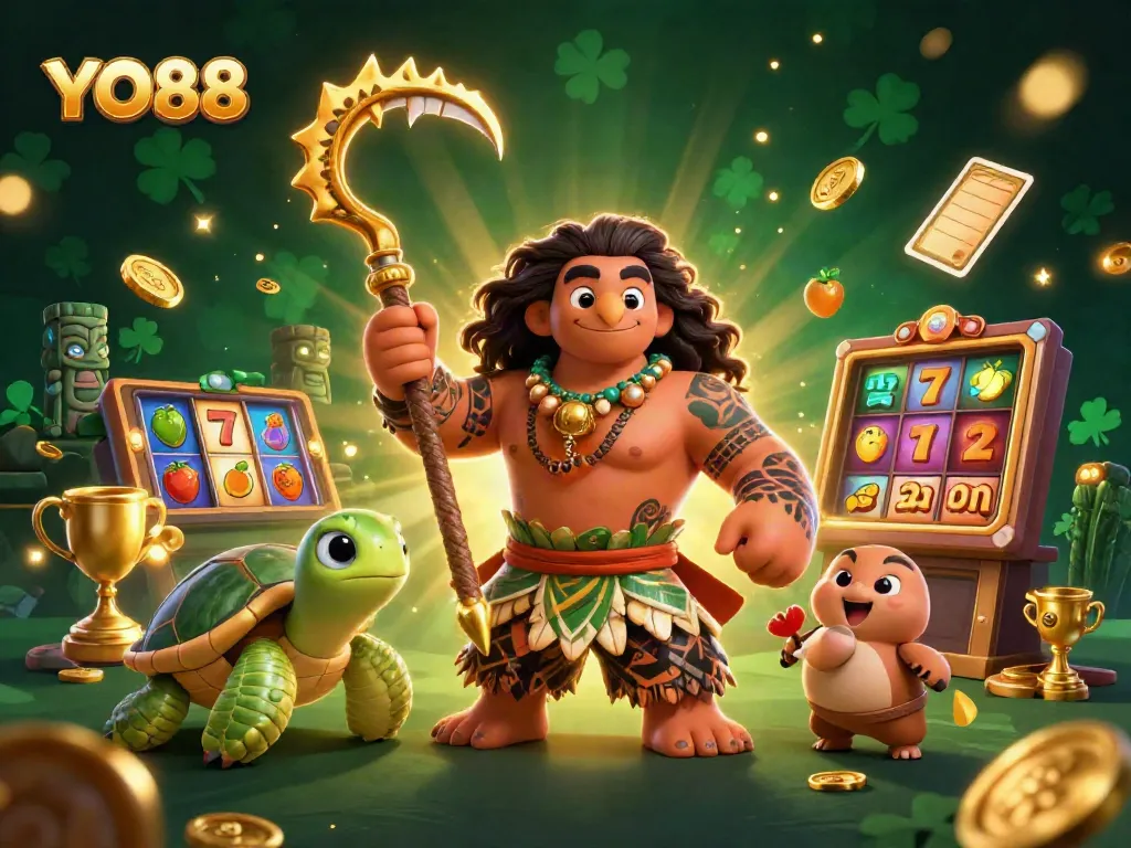 Win at YO88 with an action-packed 3D illustration of casino games and vibrant characters.