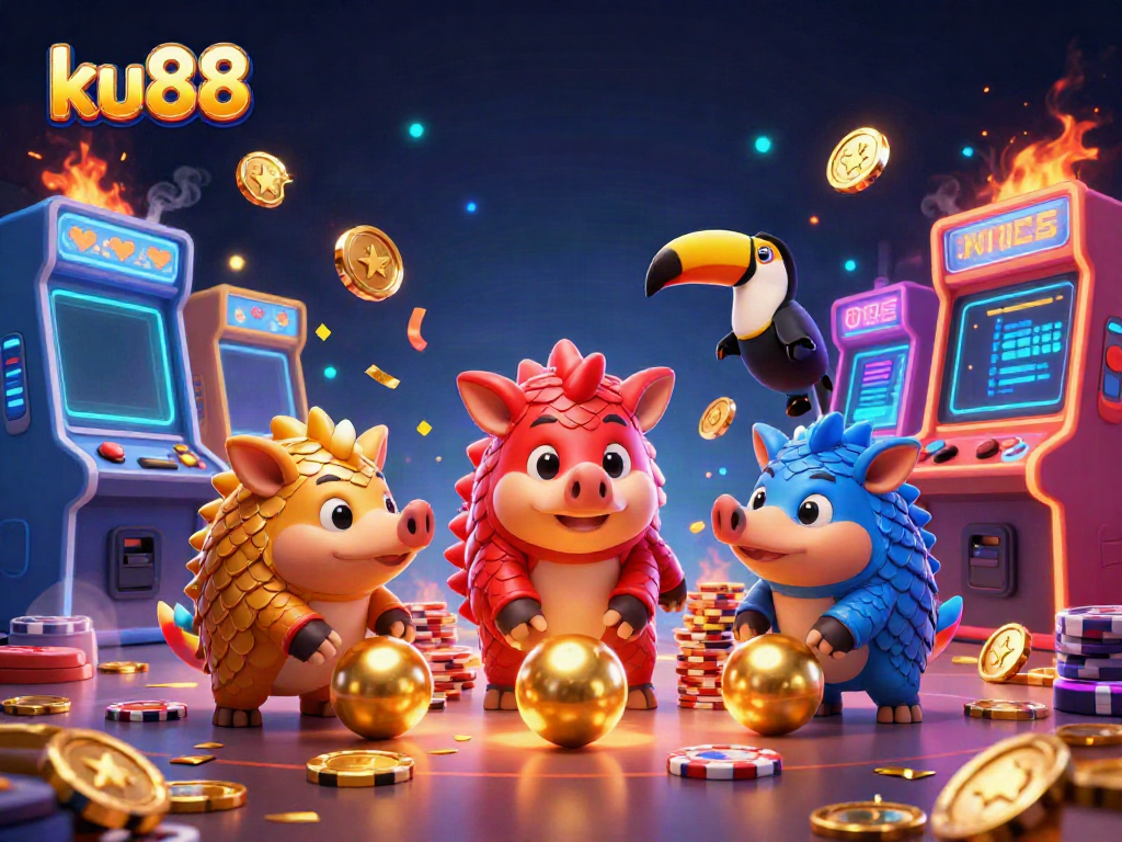 ku88 pangolins compete in a colorful casino-themed arcade, rolling golden balls and dodging poker chips.