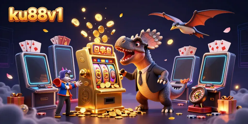 ku88v1 showcases a dynamic casino scene with a dinosaur headbutting a slot machine, collecting coins.