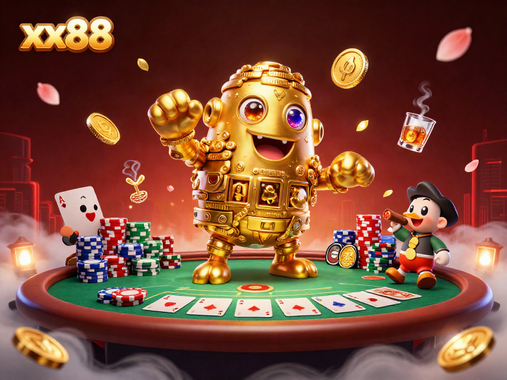 Experience the excitement of xx88 with a golden golem, poker elements, and vibrant casino imagery.