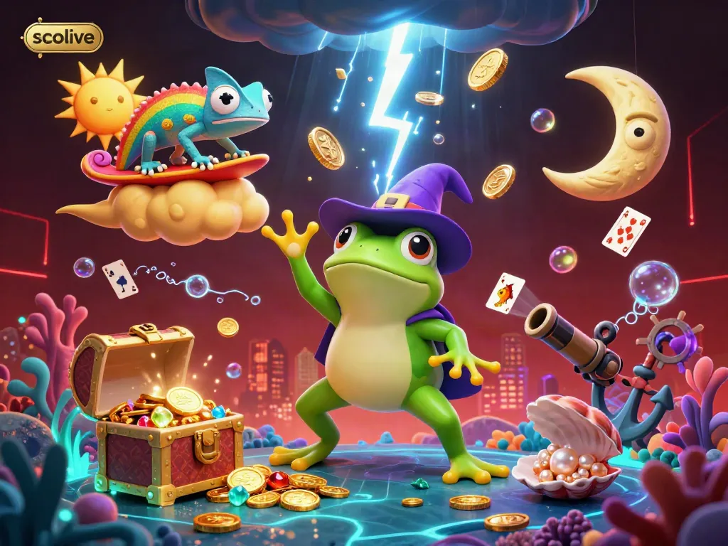 Experience the thrill of socolive with a scene featuring a wizard frog and chameleon amidst magical golden coin storms.