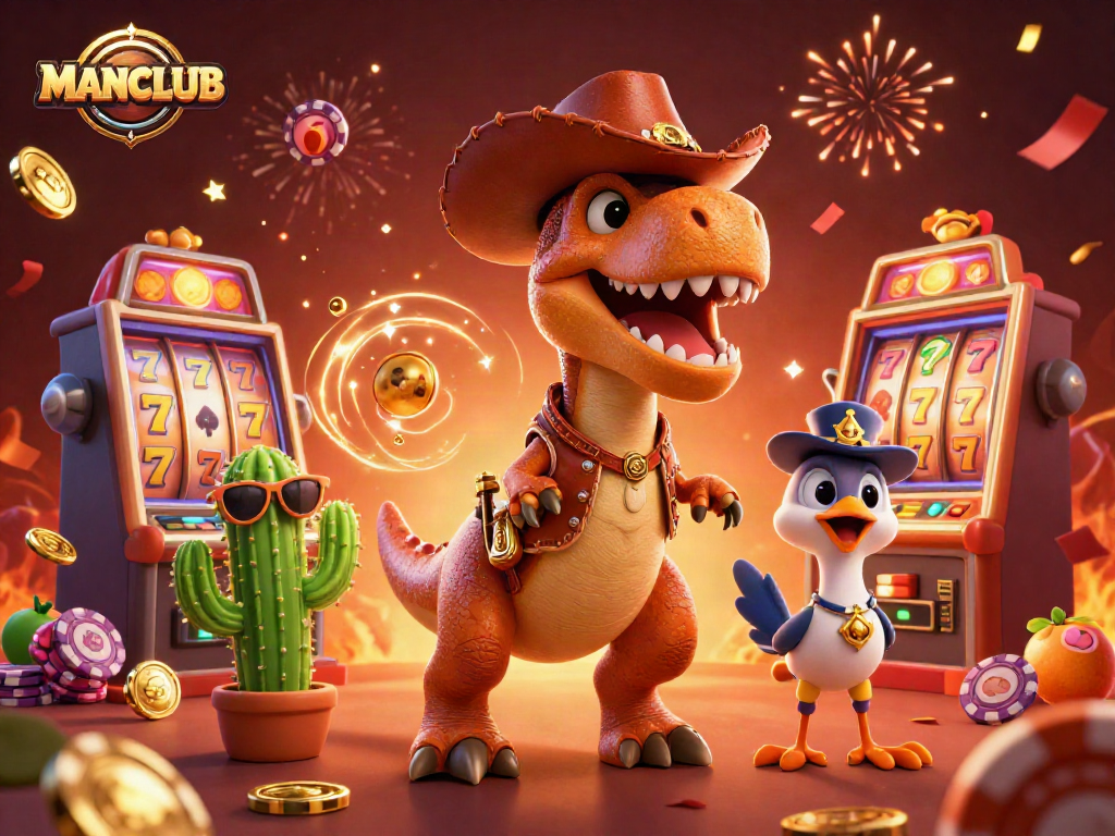 Experience the thrill of MANCLUB gaming with dynamic action and colorful casino symbols.