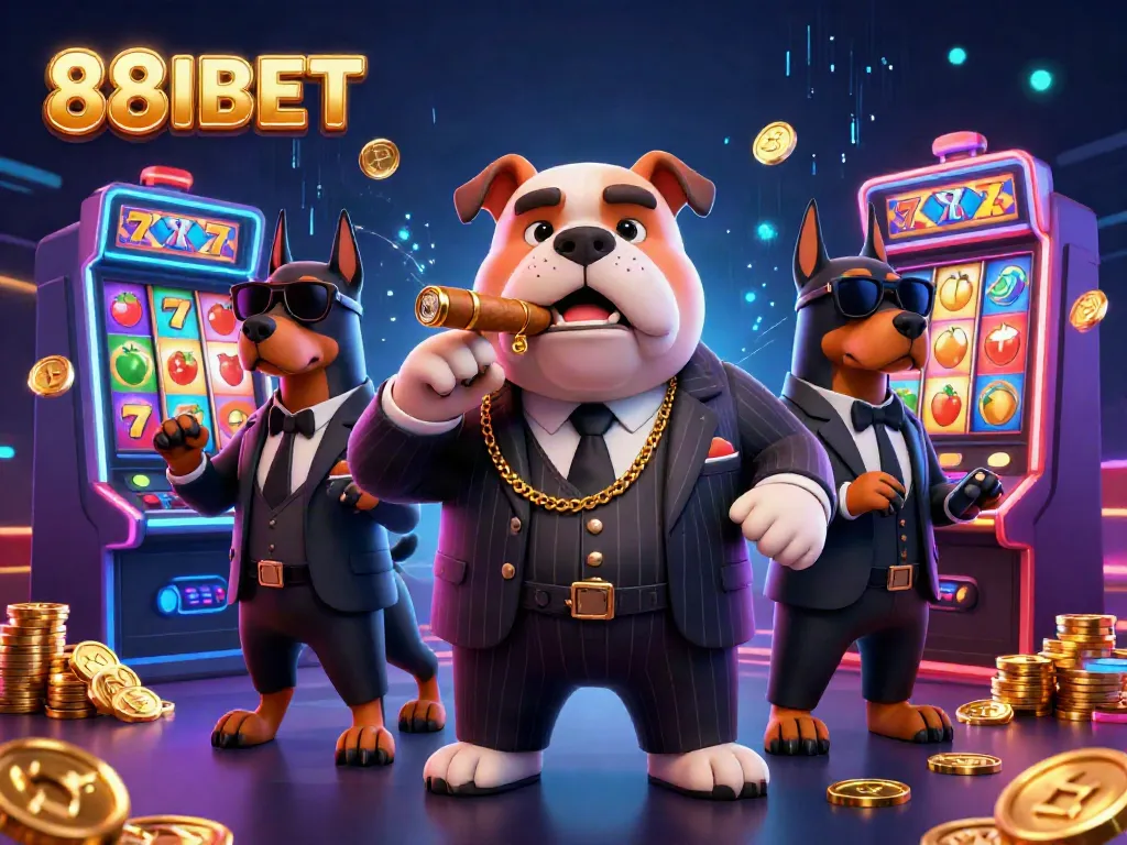 Experience thrilling gameplay with 88IBET featuring a cartoon mafia boss and slots in a vibrant atmosphere.