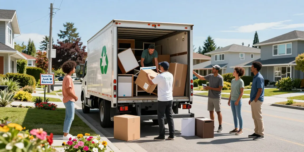 Junk Removal Vancouver - Professional team loading furniture into a truck in a sunny neighborhood.