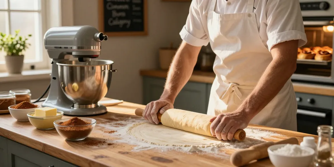 Freshly baked cinnamon buns in a cozy Calgary bakery kitchen.