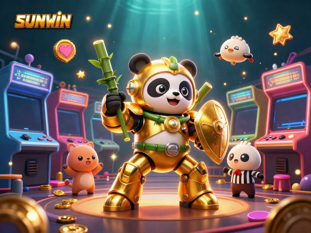 SUNWIN features a golden panda in a mech-suit piloting a robot amidst arcade games in a dynamic casino scene.