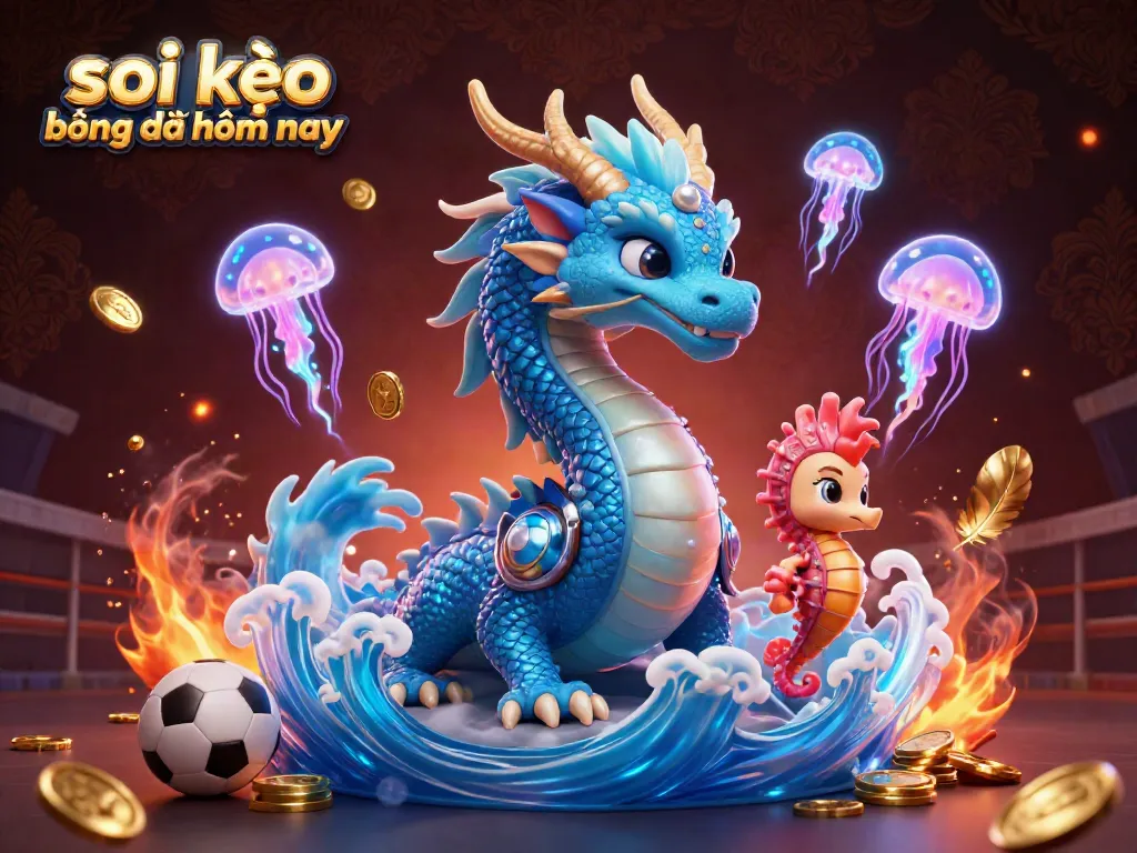 Bet on soi kèo trực tuyến bóng đá hôm nay, featuring an azure water dragon and sports elements.