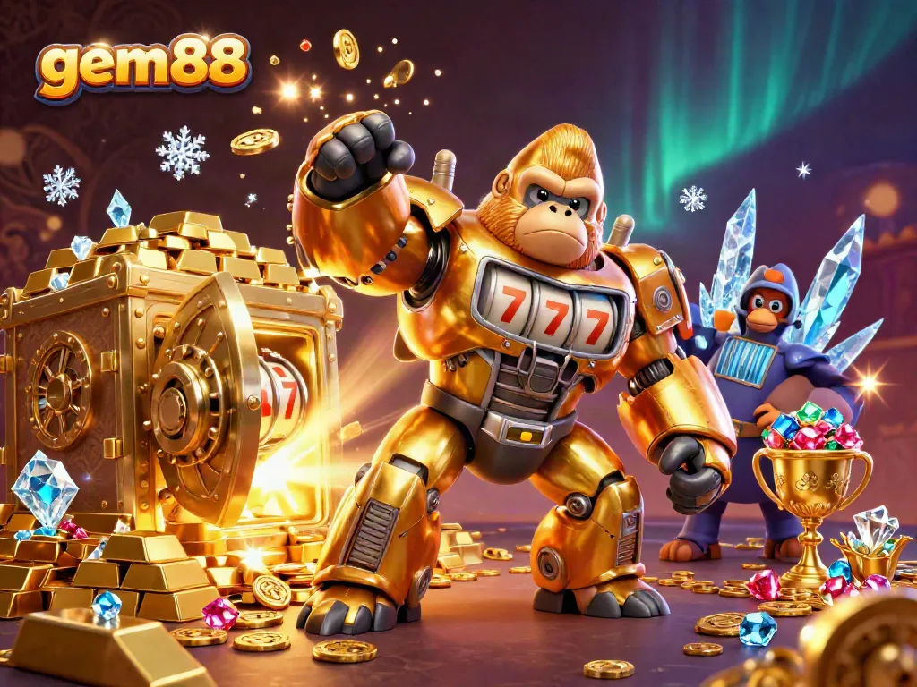 Experience thrilling gameplay with gem88's golden gorilla mech surrounded by dazzling casino elements.