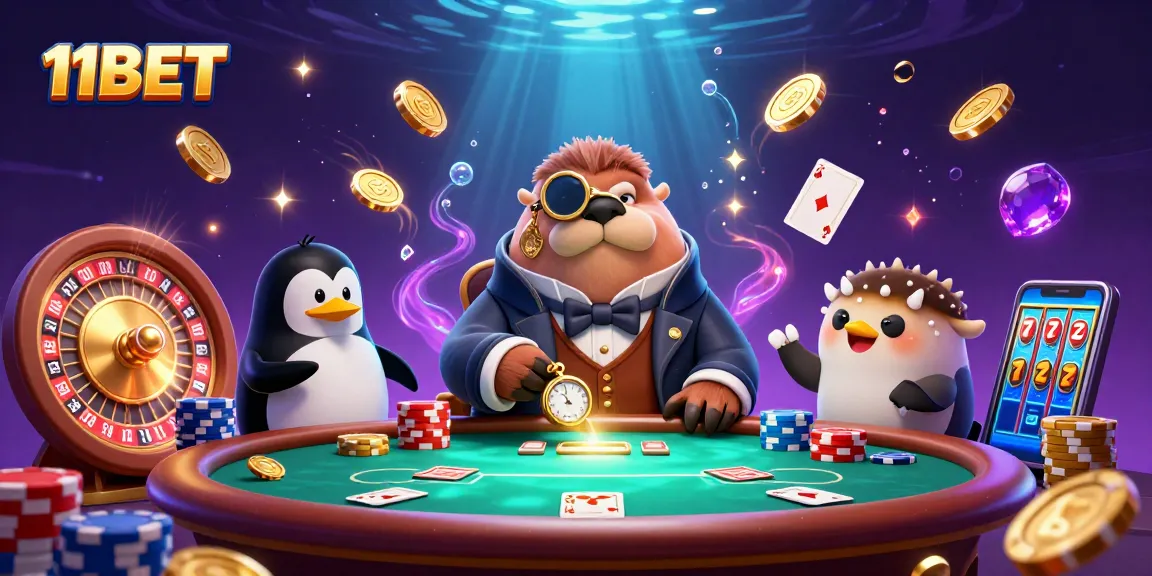 Engage with thrilling gaming action at 11BET as cartoon characters indulge in poker.