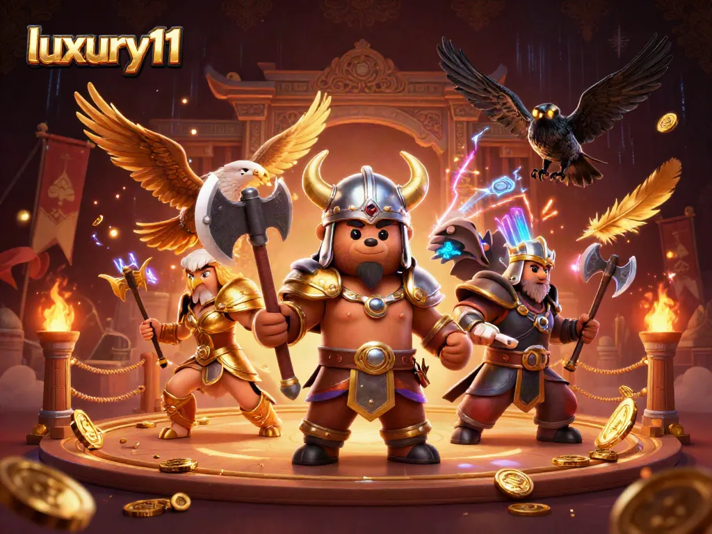 Engage with luxury111's thrilling visual scene of a bear and eagle in a vibrant casino setting.