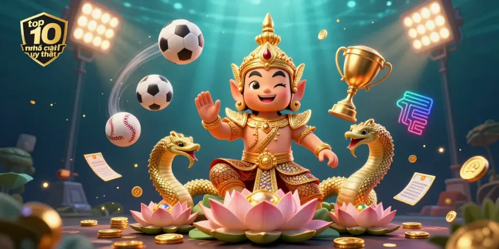 Engage with the top 10 nhà cái uy tín featuring vibrant Thai temple guardian and dynamic betting visuals.