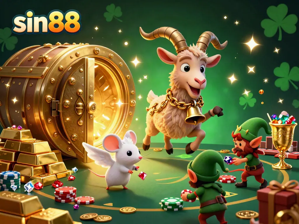 Experience festive gambling excitement at sin88 with cartoon characters amidst gold treasures in a vibrant casino scene.