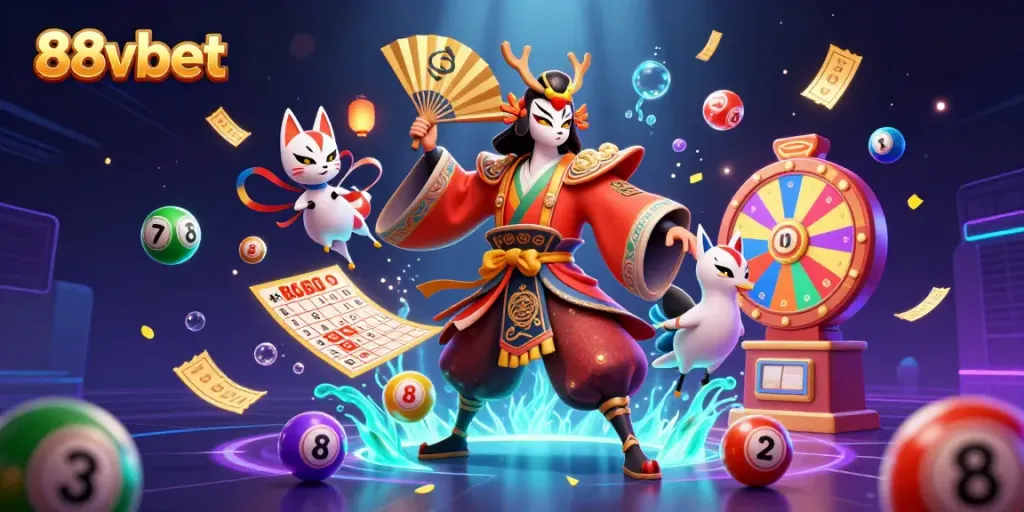 Engage with vibrant games at 88vbet with an energetic scene of kabuki warriors and dynamic casino elements.
