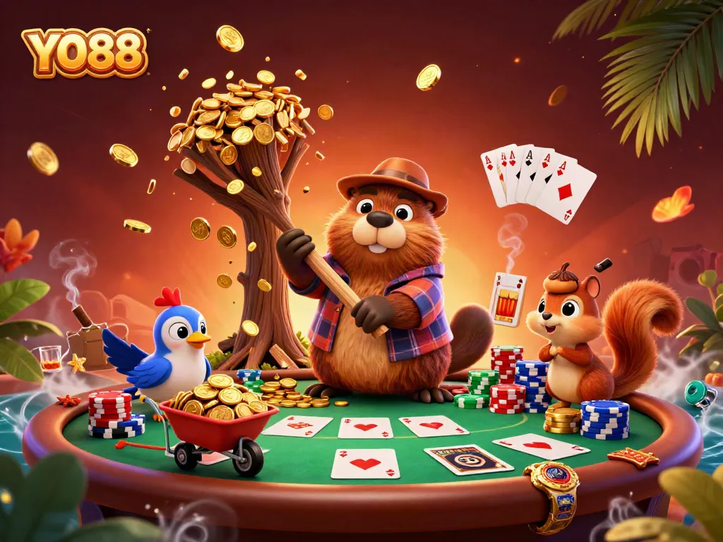 Join the thrilling adventure at YO88 with a beaver and friends in a lively casino scene.