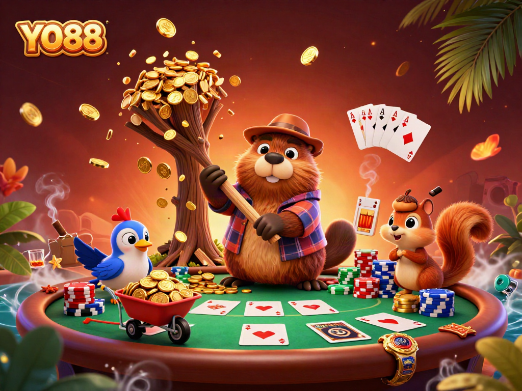 Join the thrilling adventure at YO88 with a beaver and friends in a lively casino scene.