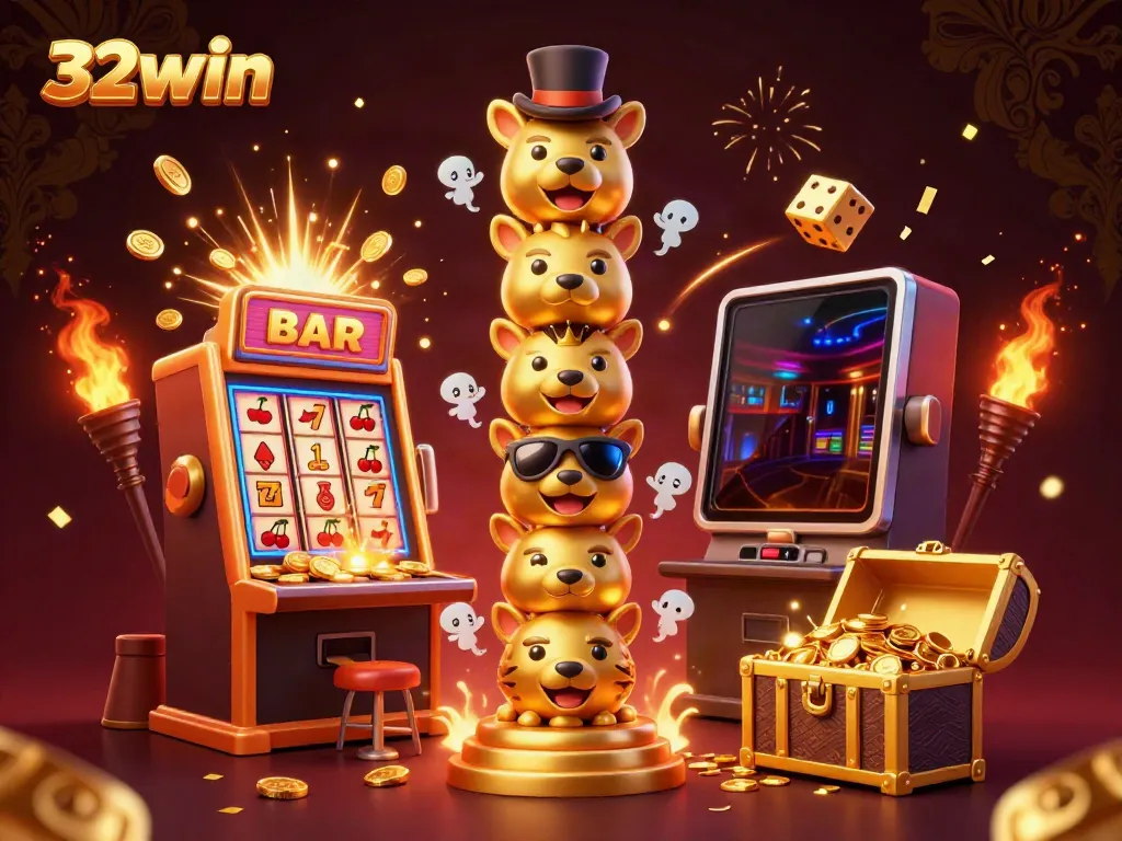 Experience the excitement of 32win with a vibrant 3D casino scene bursting with action and colorful casino elements.