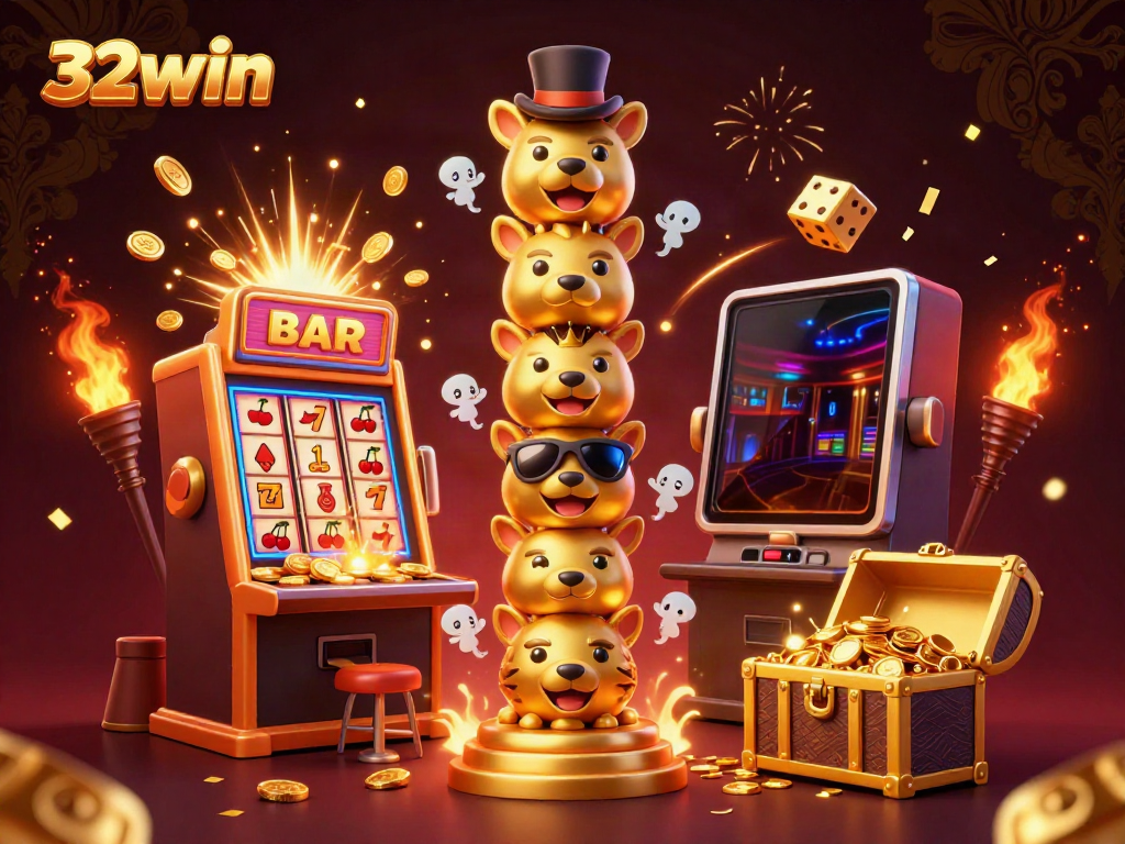 Experience the excitement of 32win with a vibrant 3D casino scene bursting with action and colorful casino elements.
