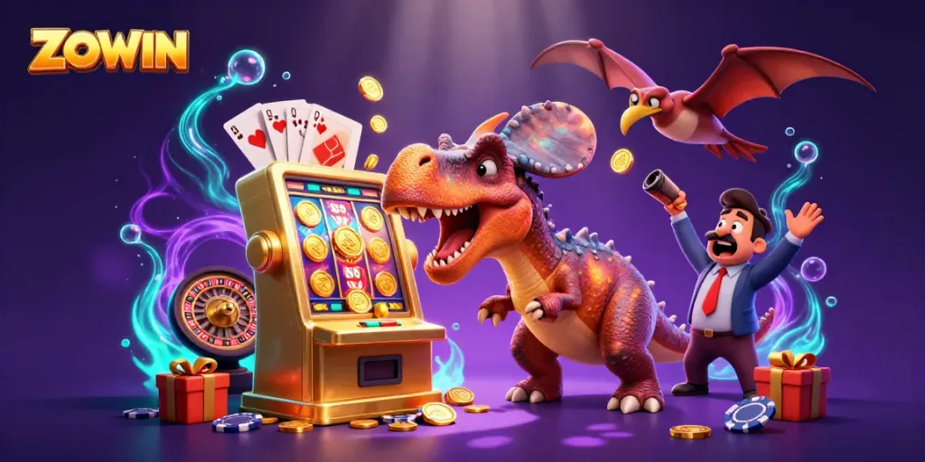 ZOWIN game theme with cartoon dinosaurs and a golden slot machine pouring out coins