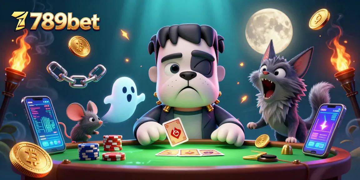 Play with the spooky 789bet characters as they deal cards at an illuminated casino table.