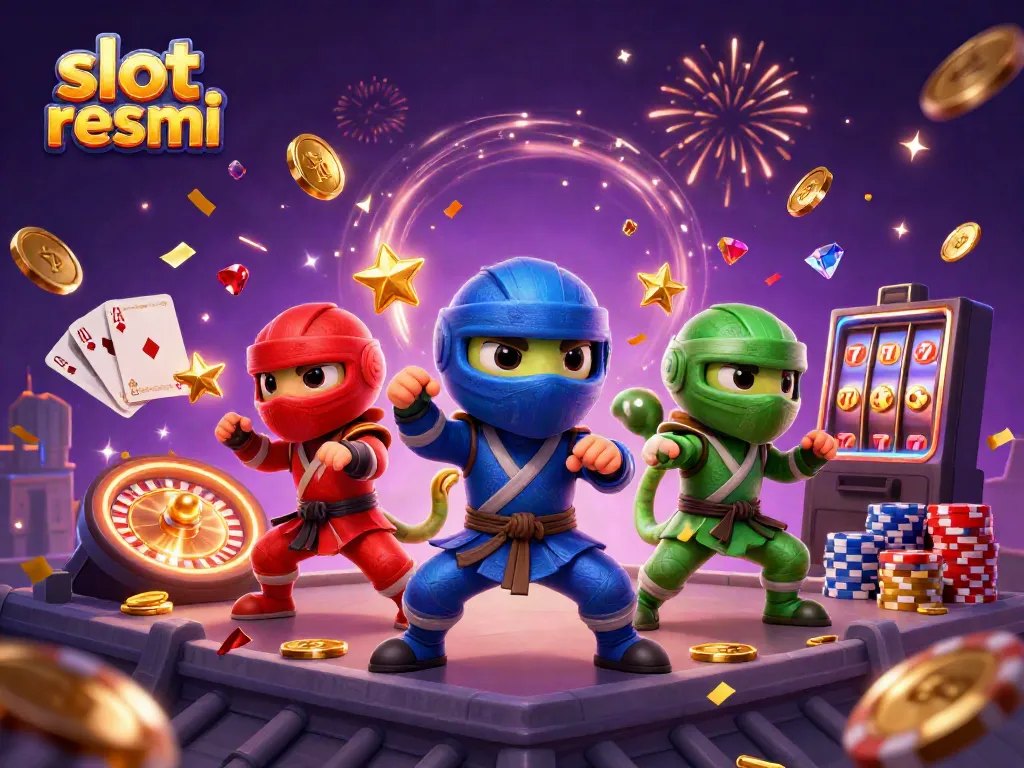 Experience excitement with slot resmi as three ninja chameleons celebrate winnings in a vibrant casino scene.