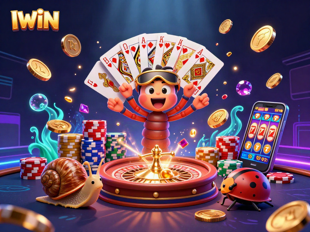 IWIN interactive casino illustration featuring a vibrant dealer, high-roller snail, and excited pill bug amidst casino chaos.