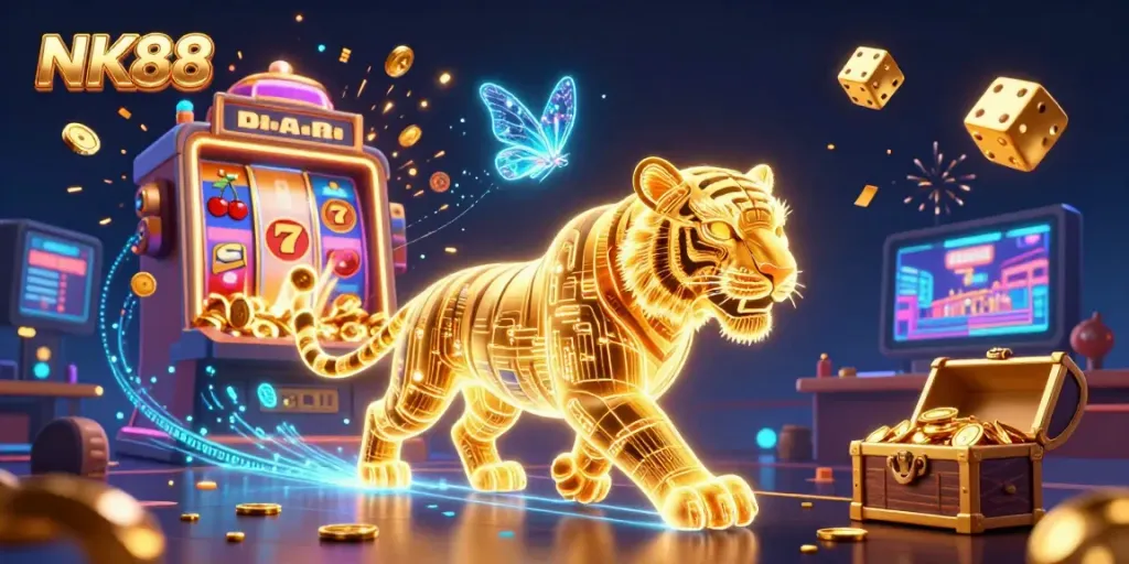 Experience the electrifying energy of NK88 in this ultra-detailed 3D casino scene with bursting jackpots and golden tigers.