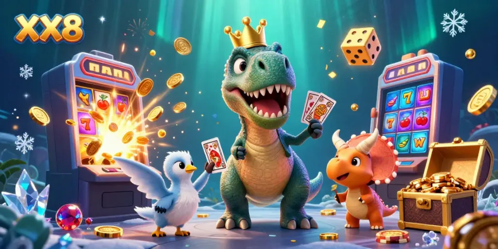 Engaging scene highlighting XX8 characters, T-Rex and friends, celebrating casino excitement with a jackpot theme.