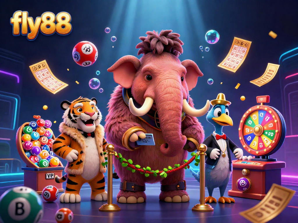 Experience fly88's vibrant casino atmosphere with a woolly mammoth bouncer checking IDs at the door.