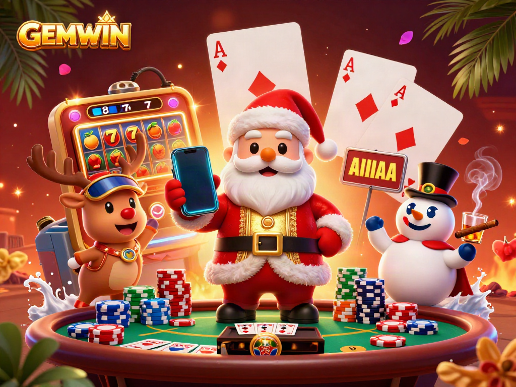 Experience the excitement of GEMWIN with Santa, casino games, and vibrant elements.
