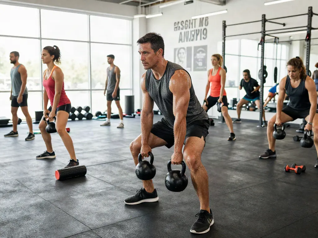 Streek fitness scene with athletes training hard in a modern gym environment.