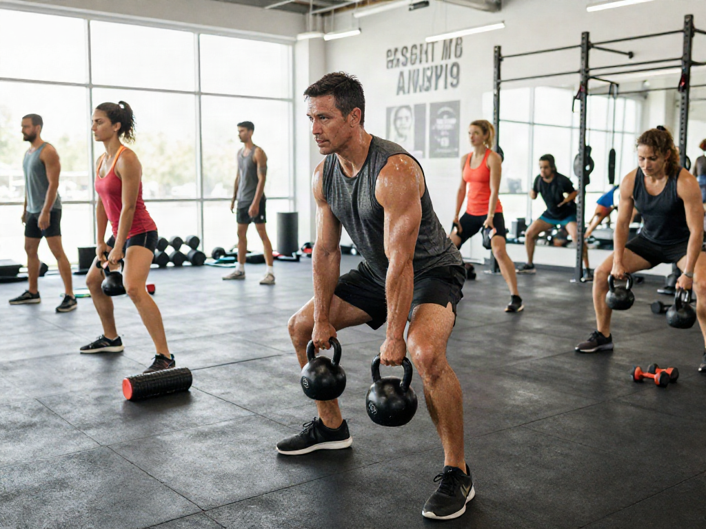 Streek fitness scene with athletes training hard in a modern gym environment.