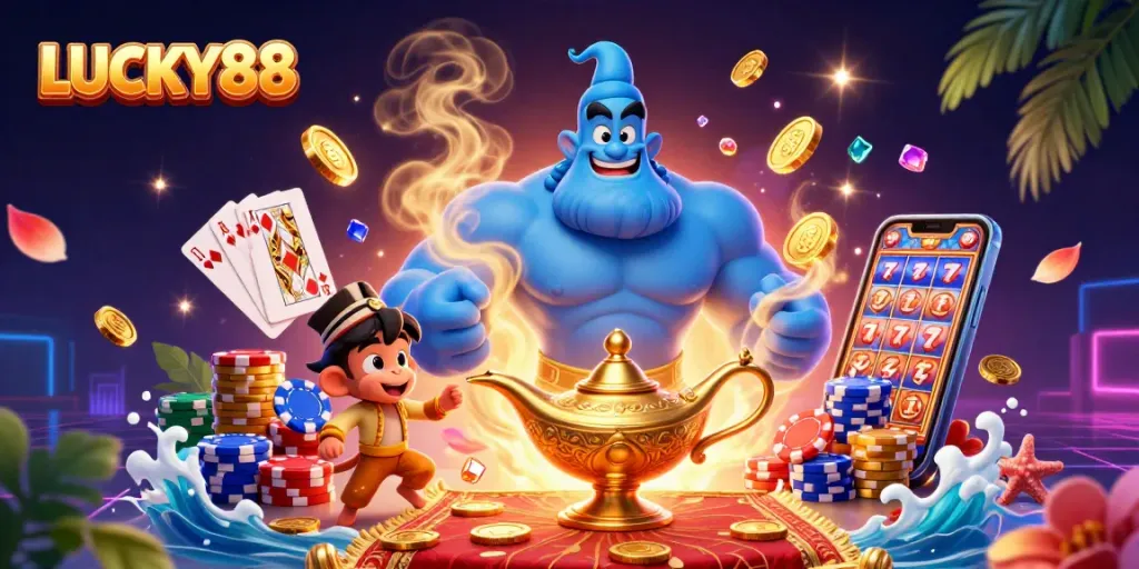 LUCKY88 offers an exhilarating gaming experience with a vibrant visual of a genie, monkey, and poker elements.
