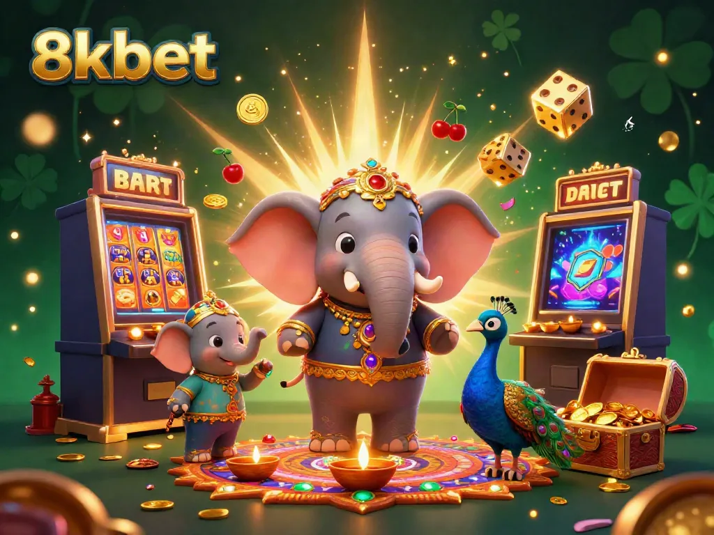 Experience the excitement of 8xbet with dynamic casino elements and a vibrant 3D elephant scene.