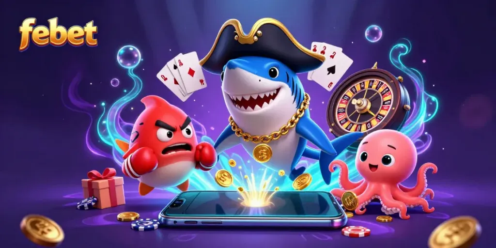 Experience the thrilling action at Febet casino with dynamic gaming characters and colorful slot elements.