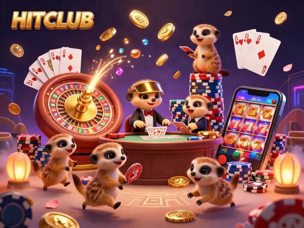 HITCLUB meerkats orchestrating a vibrant casino operation amid cascading coins and sparkling gems.