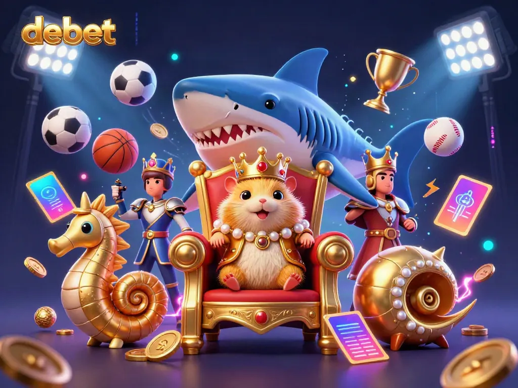 Experience the thrills of debet with a dynamic scene showcasing a golden hamster king among vibrant sports elements.