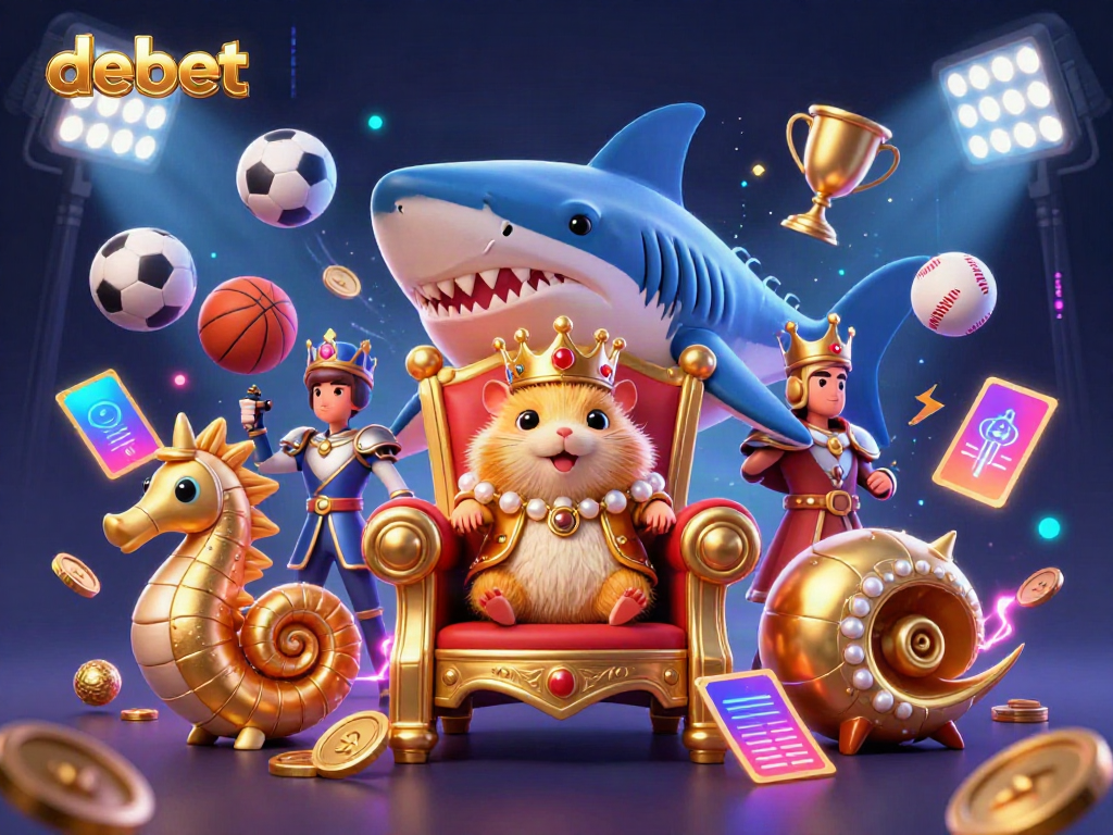 Experience the thrills of debet with a dynamic scene showcasing a golden hamster king among vibrant sports elements.