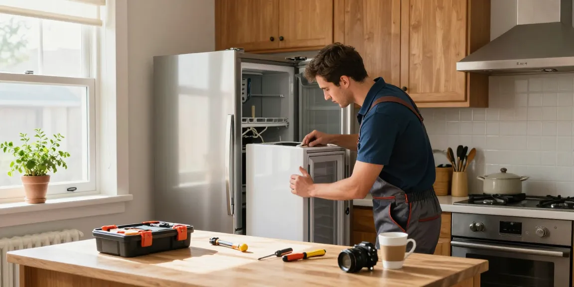 Expert technician providing appliance repair in North York kitchen, showcasing tools and warm atmosphere.