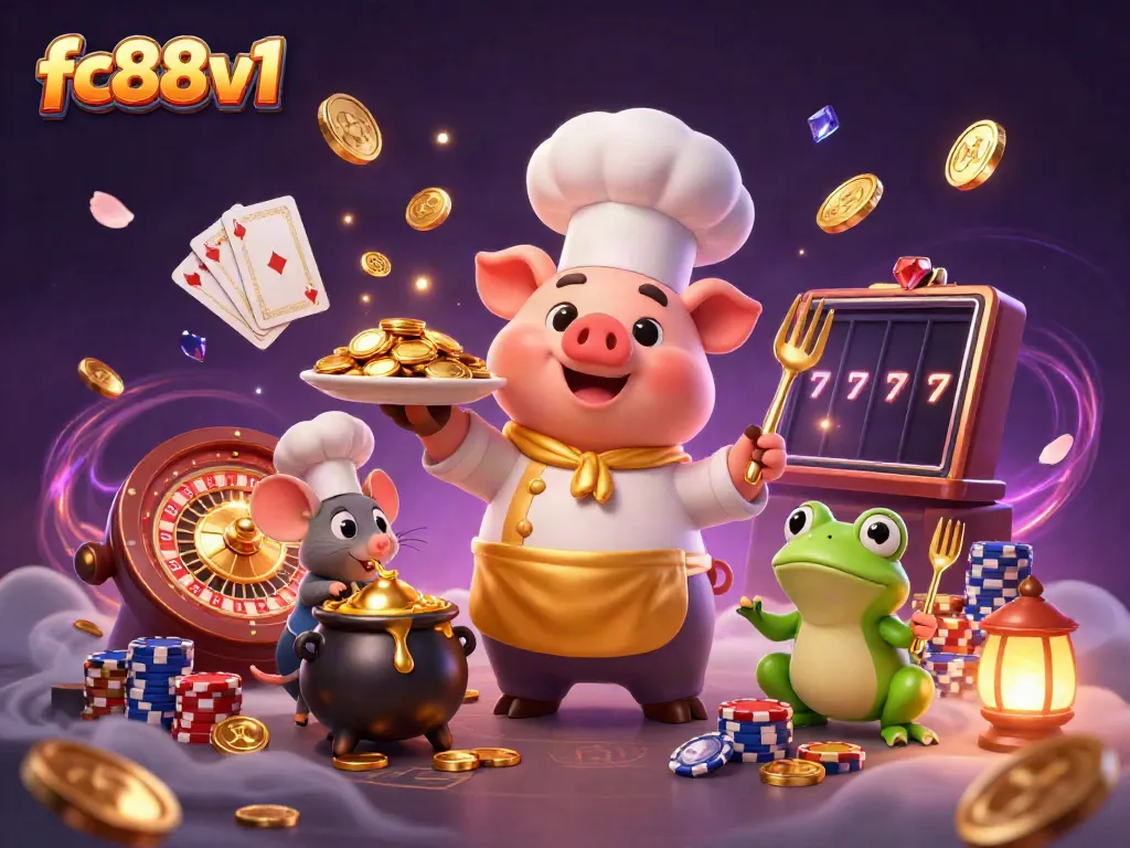 Experience exhilarating gameplay at fc88v1 with lively characters enjoying golden coins and casino excitement.