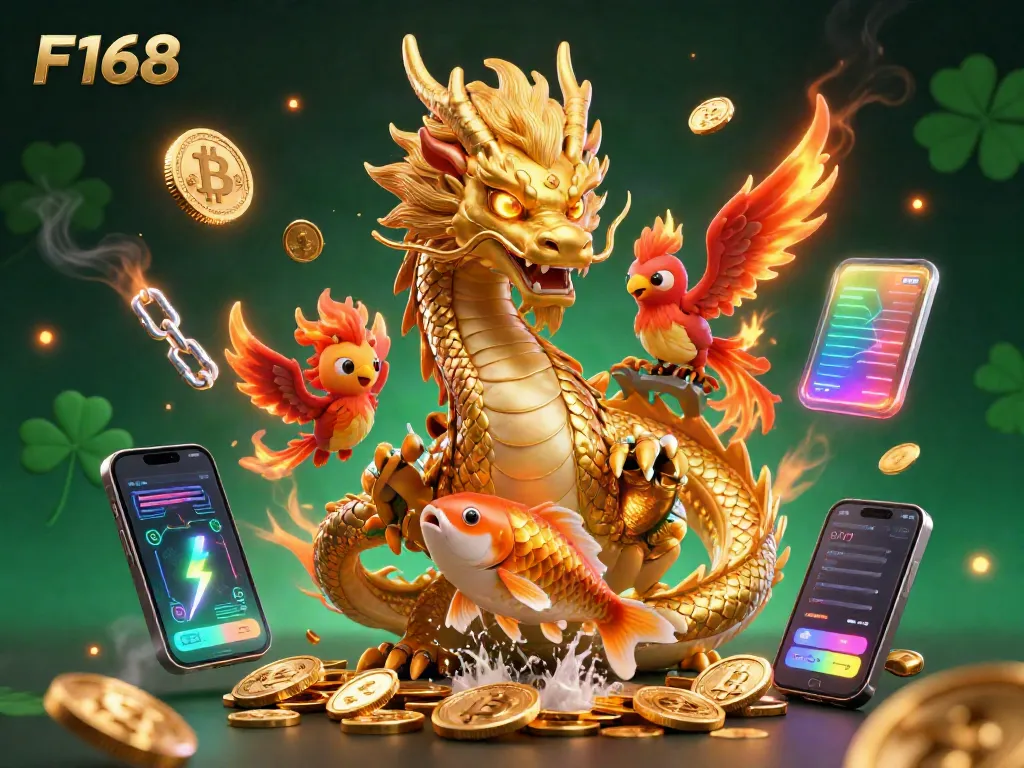 Experience the thrill of F168 casino with a golden dragon, phoenix, and koi fish among crypto symbols and gold coins.
