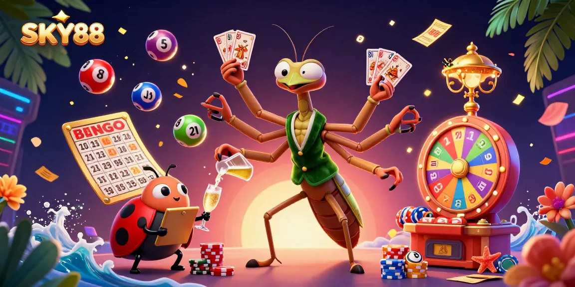 Engage with SKY88's vibrant lottery scene featuring dynamic characters and colorful game elements.