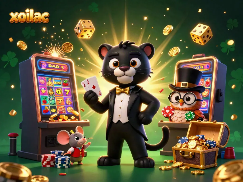 Xoilac showcases a lively scene featuring a panther dealer, owl, and mouse amid a casino explosion.