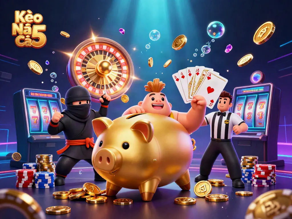 Experience winning moments with Kèo Nhà Cái 5 as a golden piggy bank sumo wrestler throws coins, showcasing the thrill of gambling.