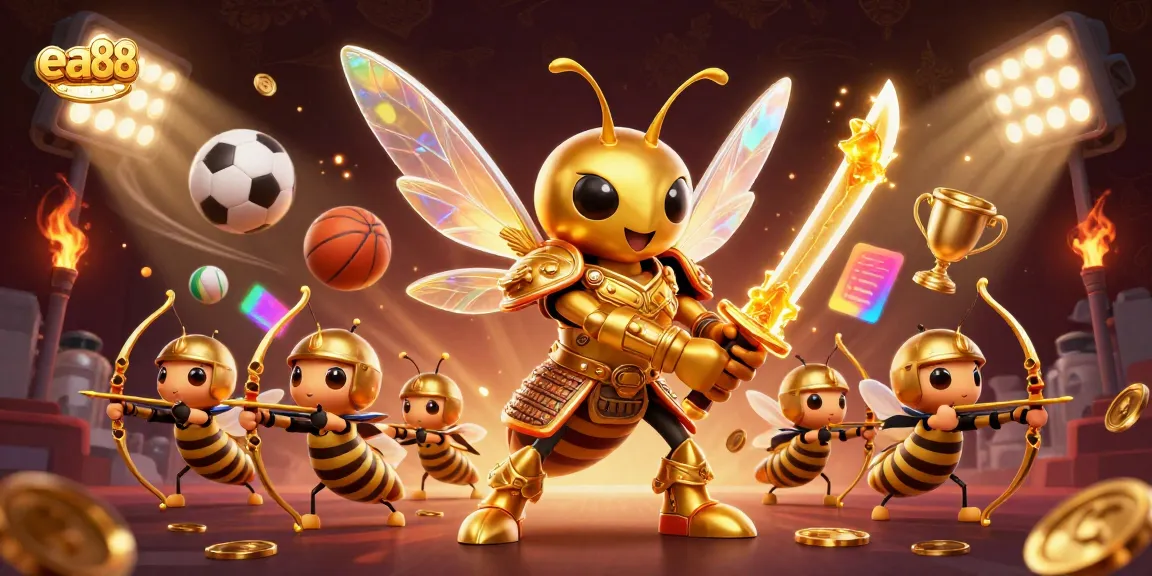 Engage in thrilling gameplay with ea88, featuring an immersive scene of golden samurai hornets amidst dynamic sports and casino elements.