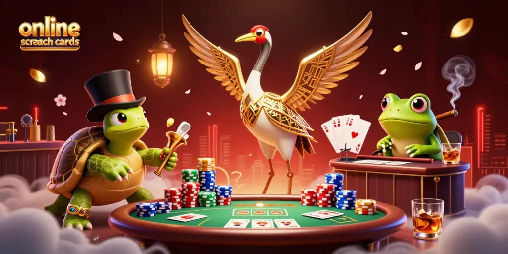 Reveal wins with online scratch cards in this vibrant 3D casino scene featuring playful characters.