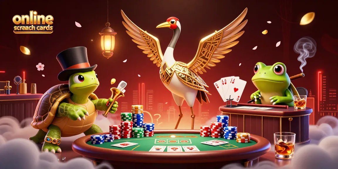 Reveal wins with online scratch cards in this vibrant 3D casino scene featuring playful characters.