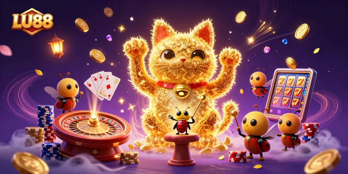 LU88 showcases a vibrant lucky cat with casino symbols, surrounded by cascading coins and cards.