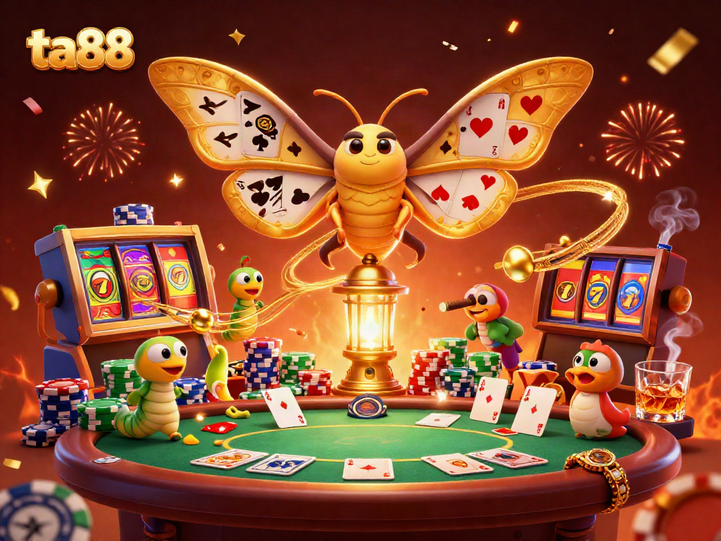 Experience thrilling gambling action with ta88 featuring a vibrant casino scene, slot reels, and golden moths.
